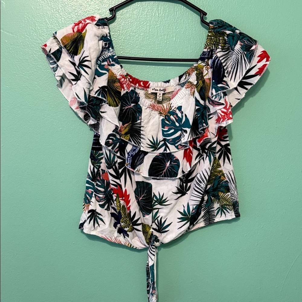 Tropical Leaf Print Ruffle Blouse - Multicolor